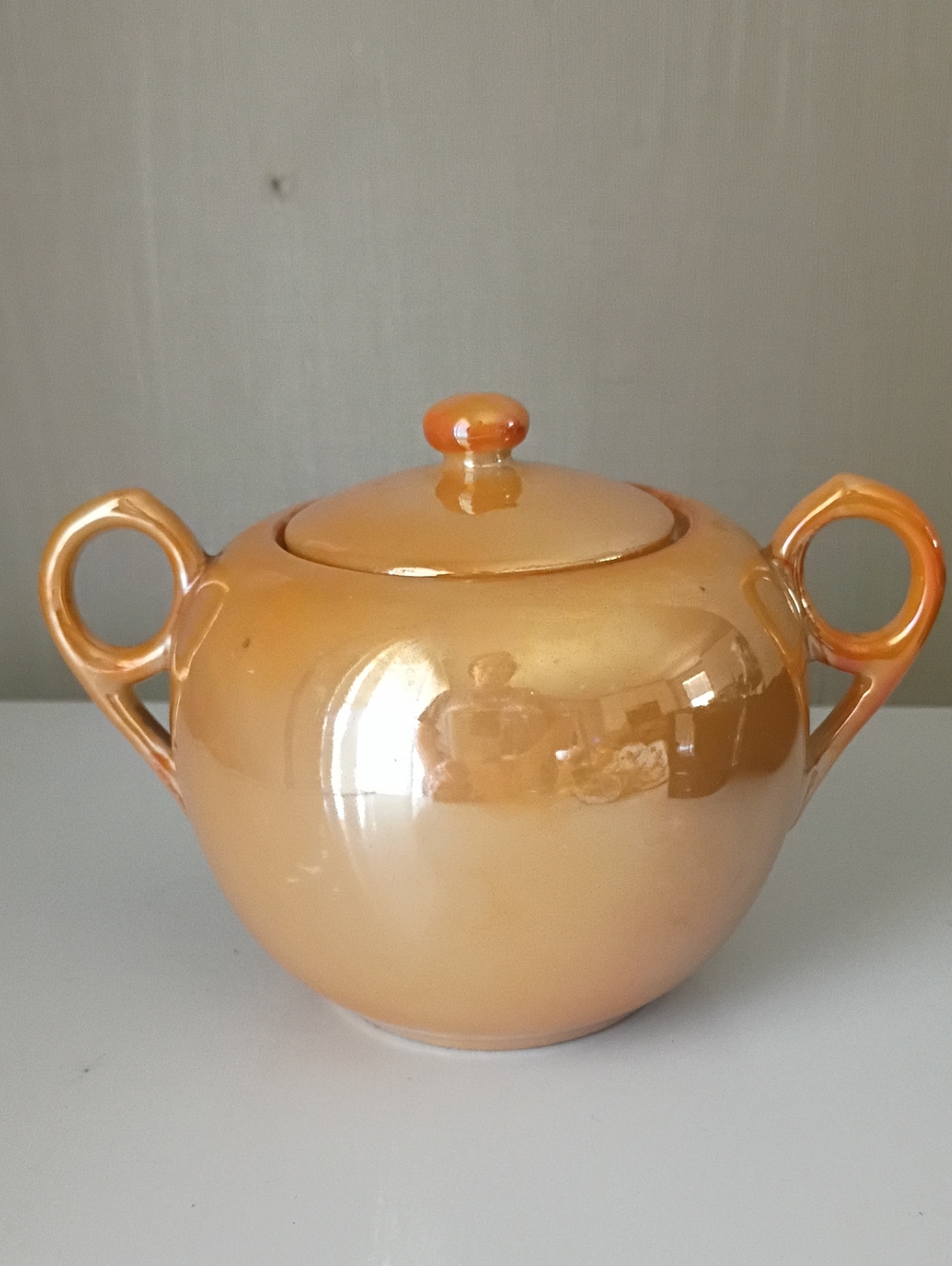 Japanese Vintage Peach Lusterware Two-Handled Sugar Bowl With Matching Lid